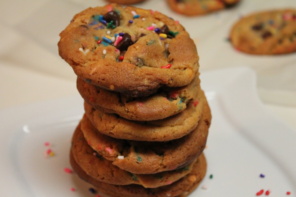 These cake batter chocolate chip cookies are perfectly soft and gooey