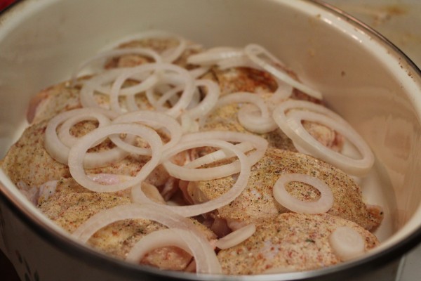 Seasoned chicken thighs in a deep oval baking dish, covered with sliced raw onions, ready to be baked.