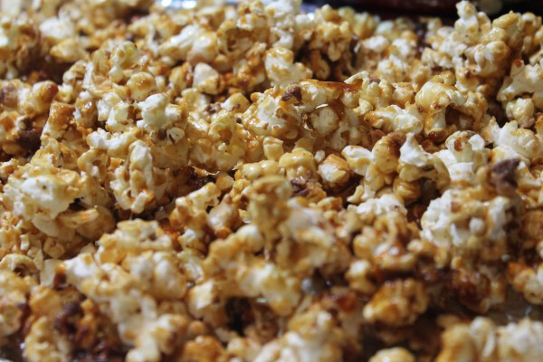 A close-up image of golden Homemade Caramel popcorn. 