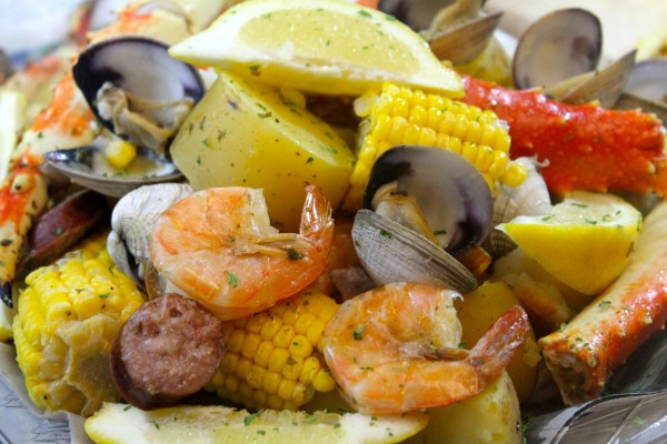 This delicious seafood boil is made with king crab, sausage, and delicious corn.