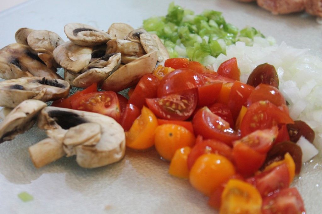 Fresh mushrooms, tomatoes, and onions for the yummy spaghetti