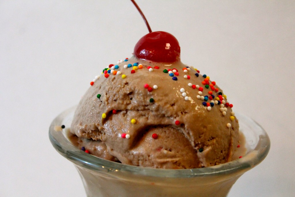 A scoop of chocolate homemade ice cream topped with rainbow sprinkles and a single cherry served in a glass dish. 
