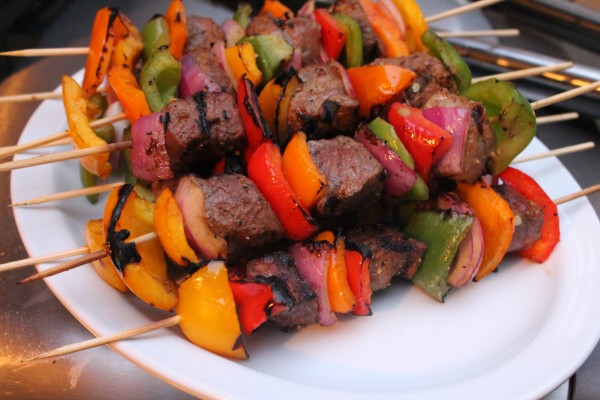 Grilled sirloin steak, onion and sweet pepper kabobs are the perfect summer meal!