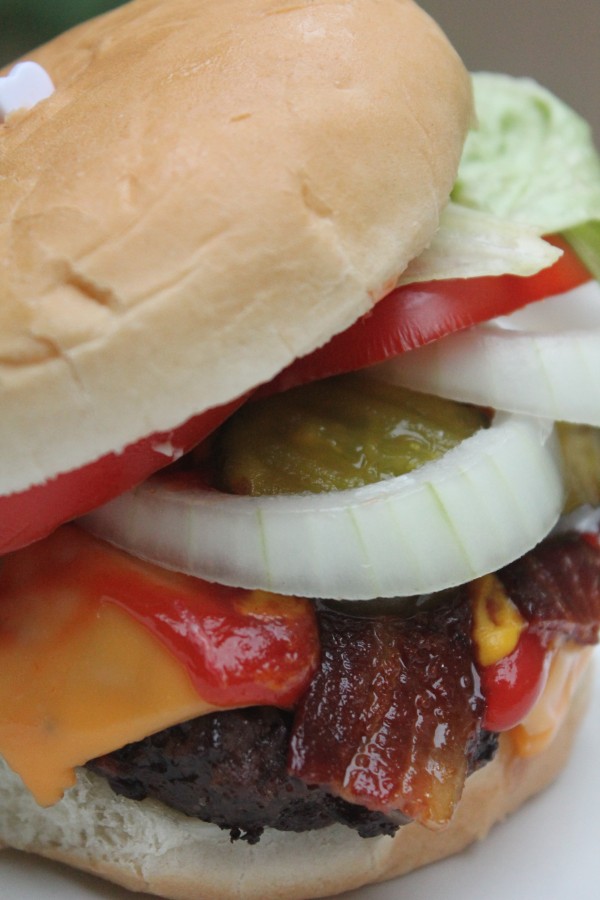 This juicy bacon cheeseburger is restaurant quality at home with all the works