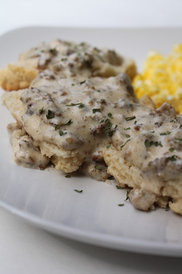 Creamy sausage gravy served over moist homemade buttermilk biscuits 