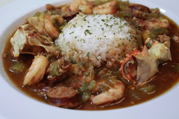 Seafood, chicken and andouille sausage gumbo served with white rice