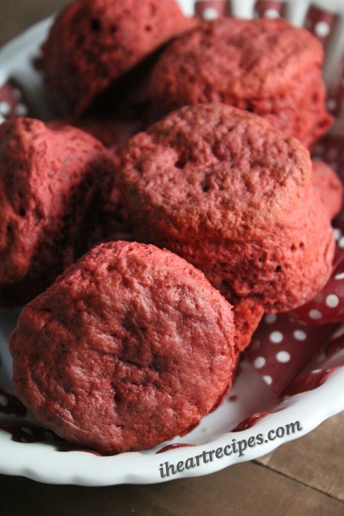 A serving dish piled high with light and fluffy Red Velvet Biscuits.