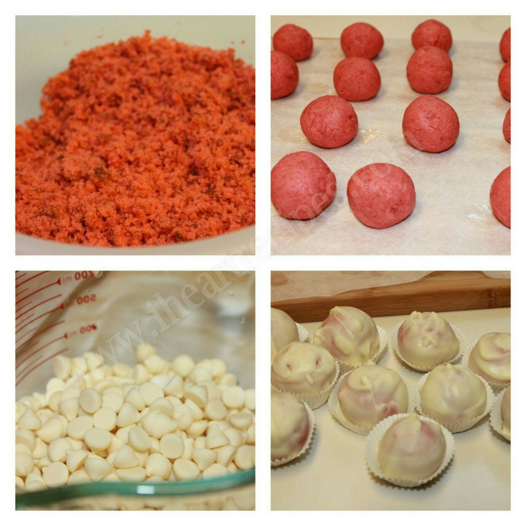 A four image collage of the steps to make baked cake into Strawberries and Cream Cake Truffles.