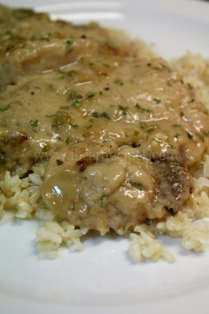 Slow cooked smothered pork chops covered in a from-scratch onion gravy, served over rice.