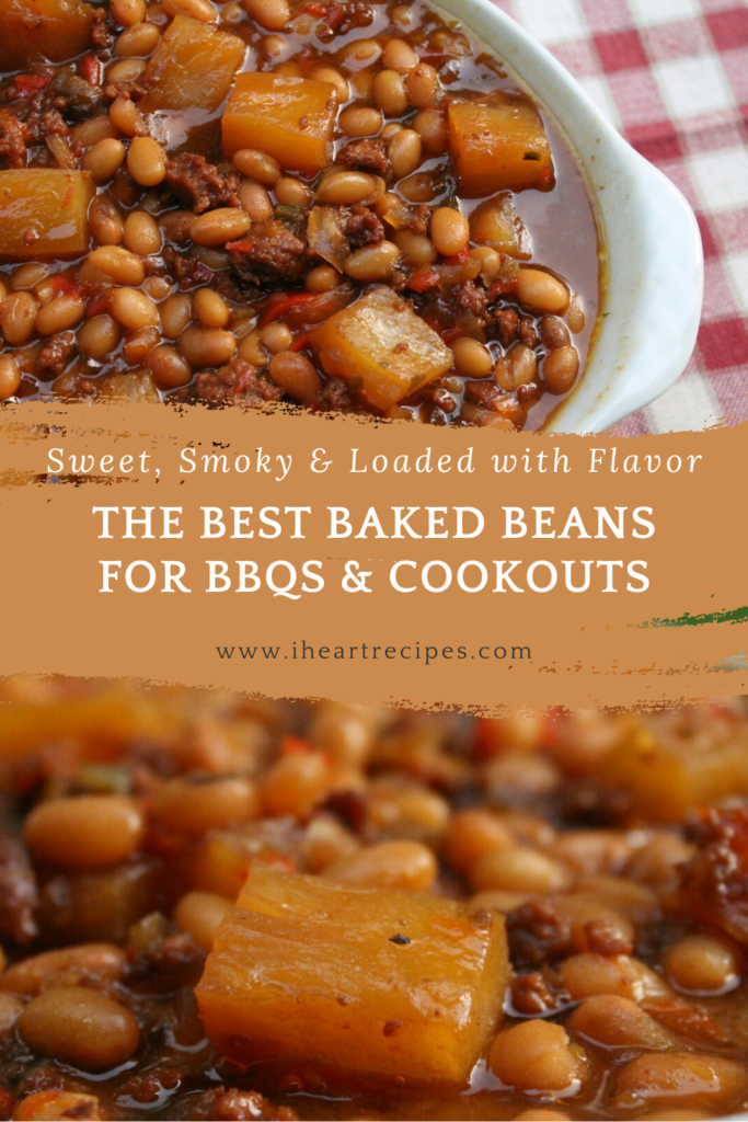 Baked beans loaded with sweet peppers, ground beef, and pineapples.