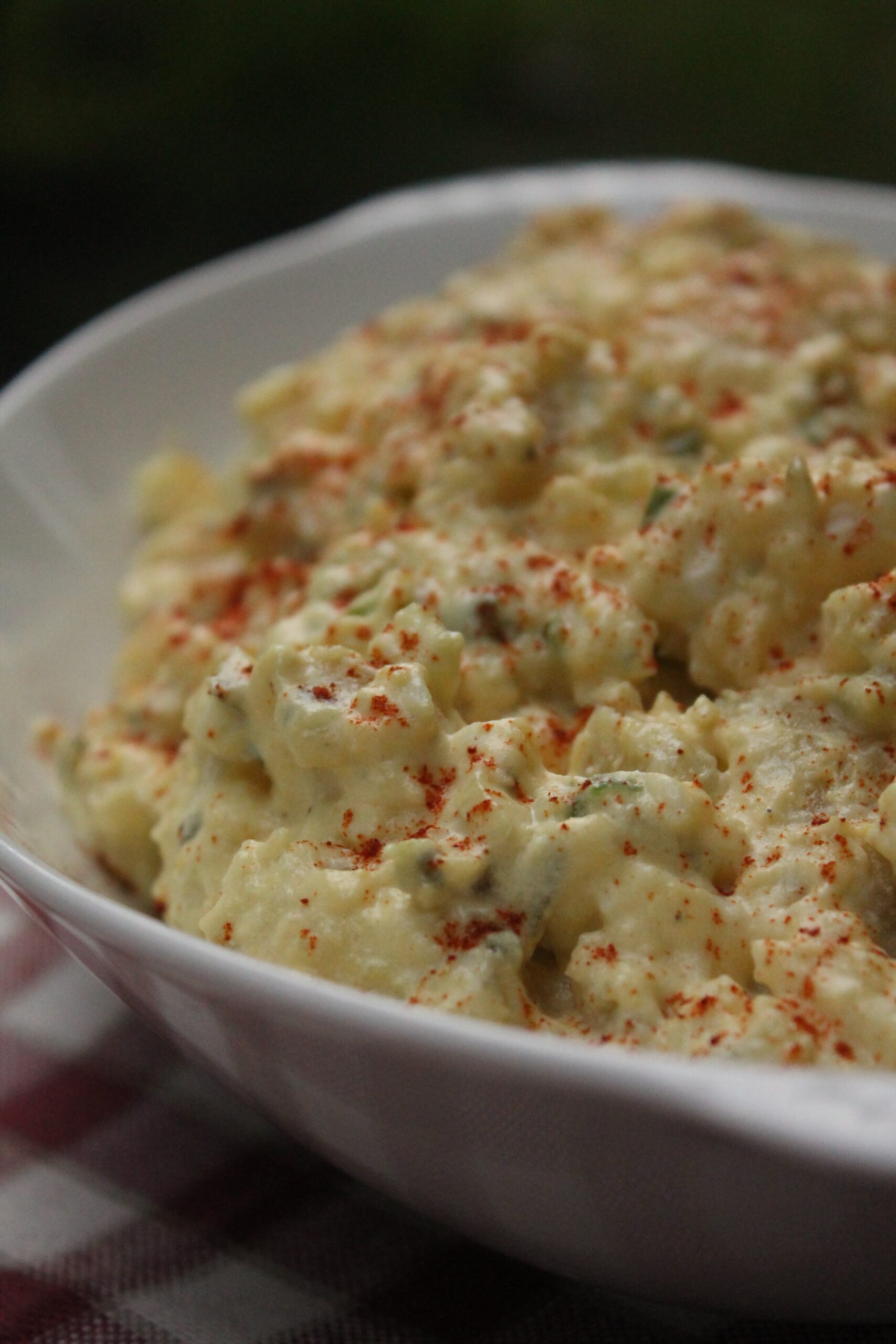 A close-up image of a dish of creamy potato salad topped with a sprinkle of vibrant red paprika.