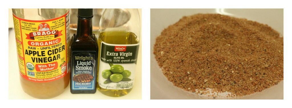 Two images showing the brisket rub and liquid ingredients needed.