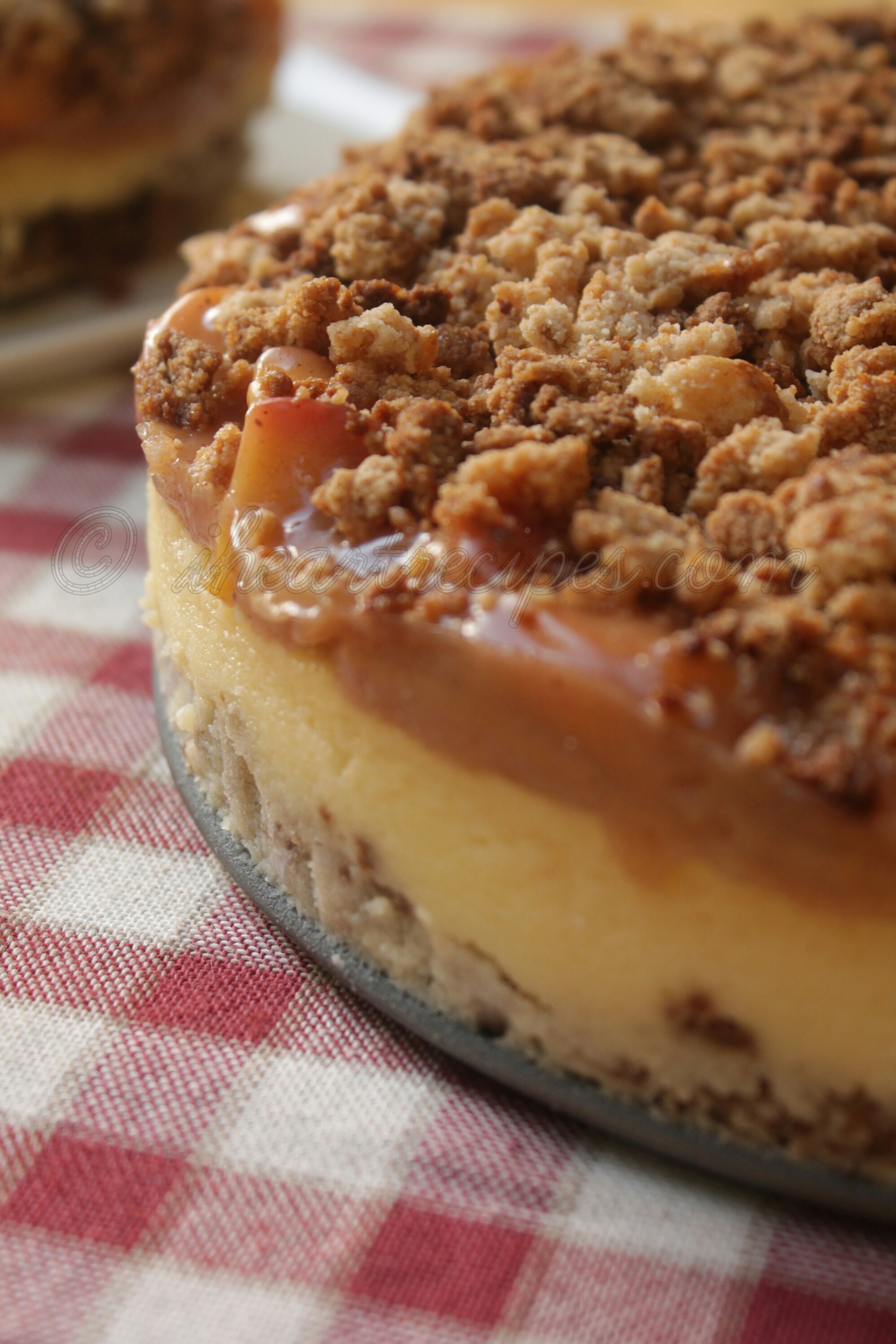 A close-up image of the sides of a peach cobbler cheesecake, showing each delicious layer of graham cracker crust, creamy cheesecake, sweet peach filling, and a buttery crumble topping.