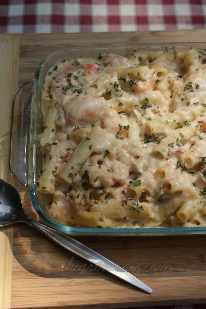 This seafood baked ziti is an easy pasta dish that you can toss together for a weeknight dinner