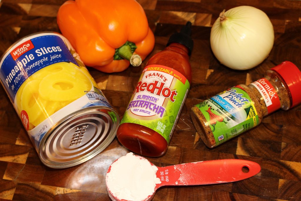 A few simple ingredients needed for Jerk Sriracha Pineapple Wings.