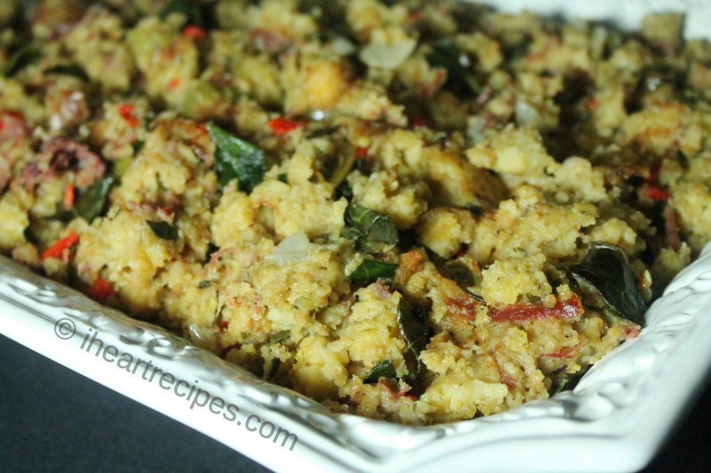 Yummy cornbread dressing with turkey and collard greens