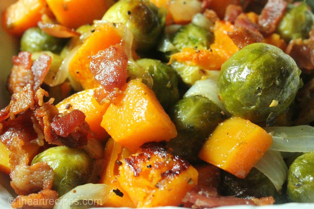 Brussels sprouts, butternut squash and bacon roasted in the oven