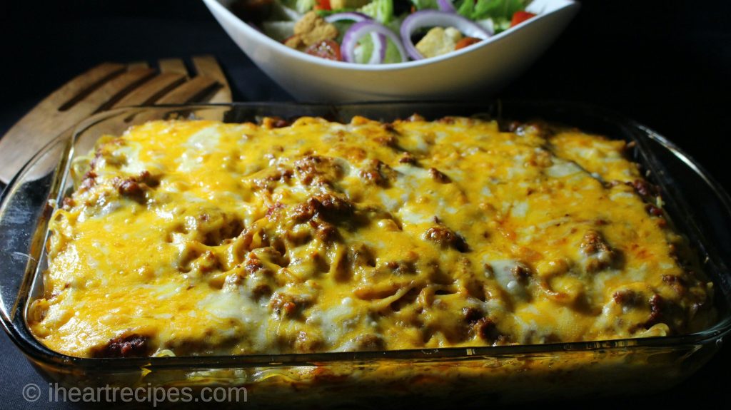 Layered Baked Spaghetti with Beef and cheese