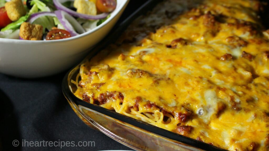 Melted cheese makes this delicious spaghetti bake irresistible 