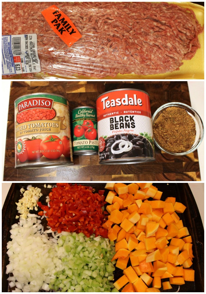 A collage of three ingredients for beef, black bean and butternut squash chili. 