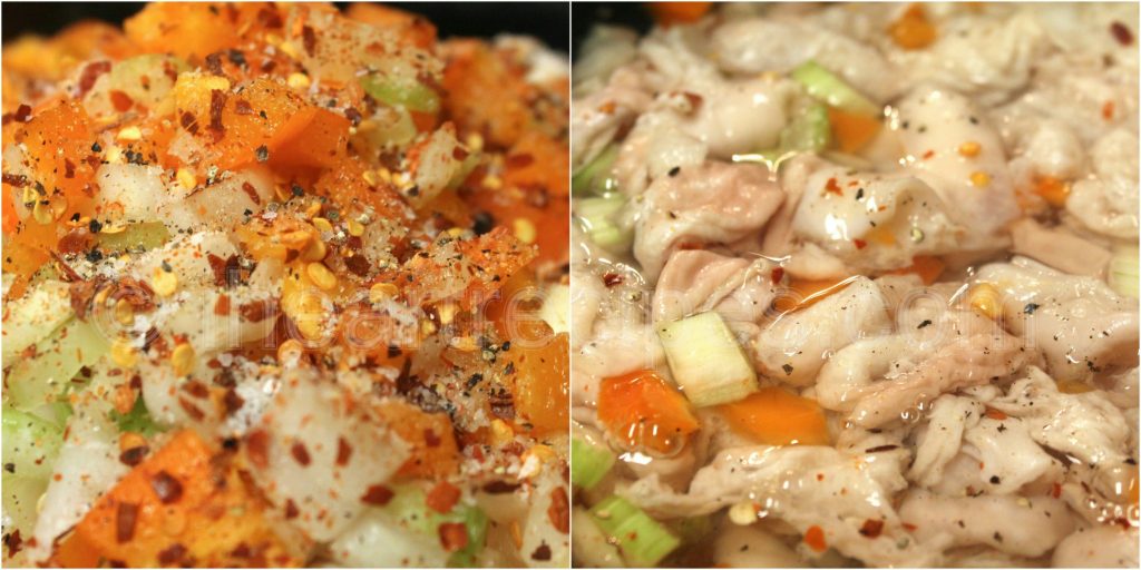 Two side-by-side images. On the left, raw chitterlings are mixed with bell peppers, onions, and seasoned with red pepper flakes. On the right, chitterlings cook in a clear broth with onions, peppers, and seasonings.