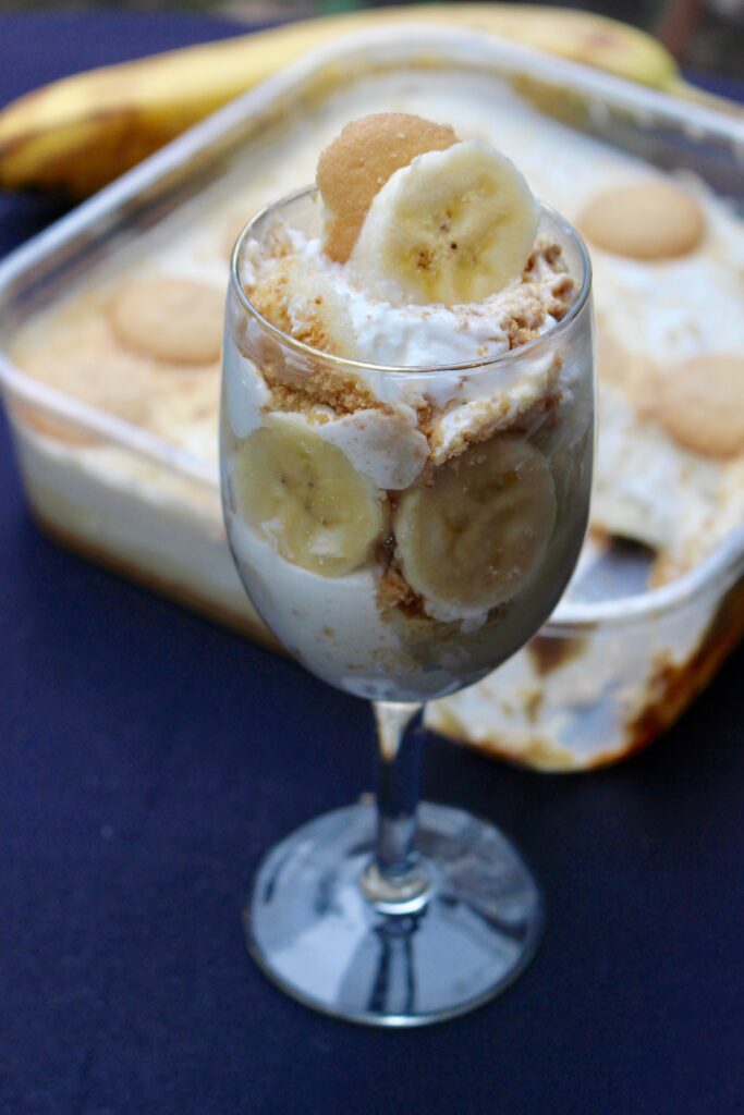 Patti LaBelle's Banana Pudding dressed up with fresh bananas and served in a parfait glass. This is the best store-bought banana pudding! You can find it at Walmart.