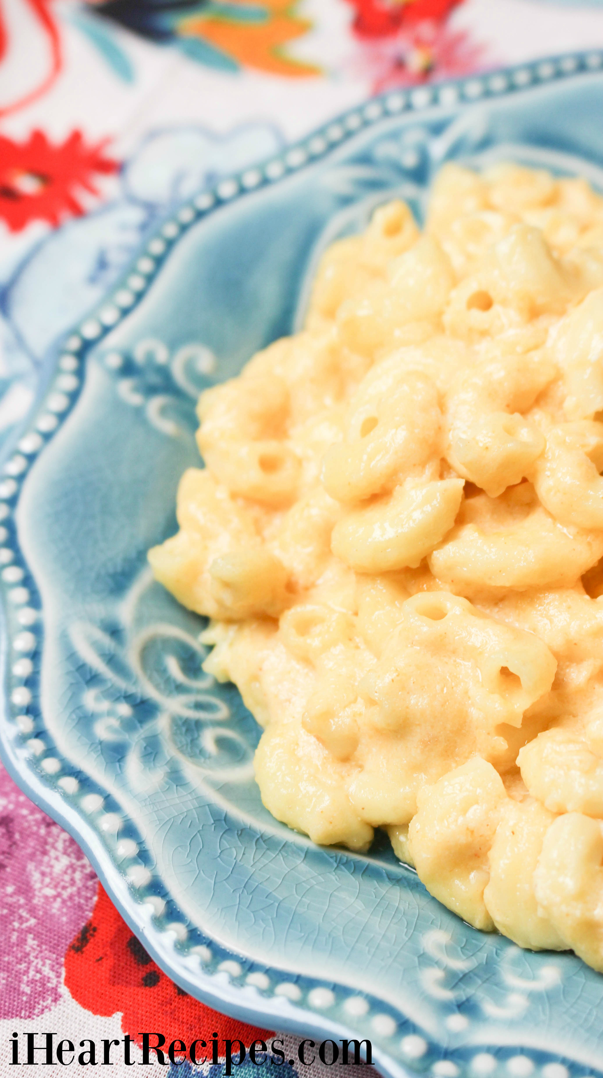 Tender noodles covered with creamy cheese sauce served on a blue scalloped plate.  