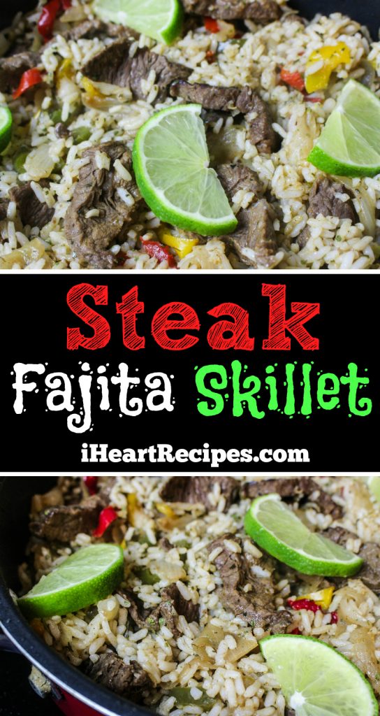 Two images of steak fajita skillet with lime wedges, seasoned steak, sweet peppers and white rice.