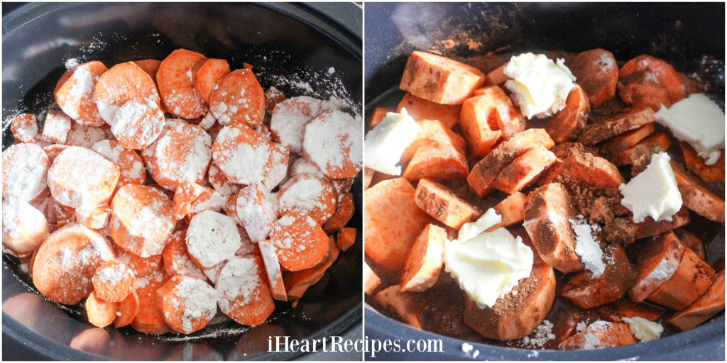 Peeled and sliced yams tossed with a few ingredients in a slow cooker.