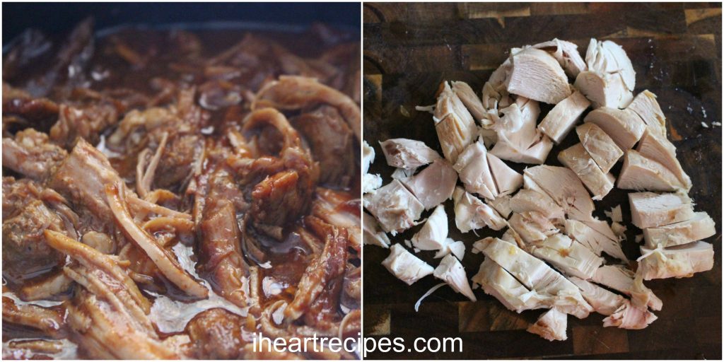 Tender meat in the slow cooker and on a wooden chopping block being prepped for this delicious Brunswick stew.