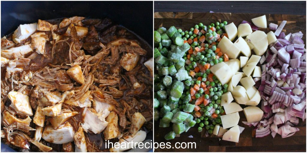 Tender chicken and BBQ pulled pork in the slow cooker and bright vegetables on a wooden chopping block, prepped and ready.