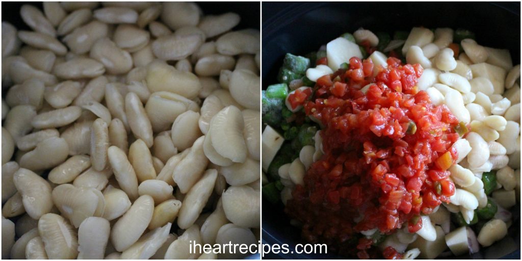 Tender Lima beans and minced tomatoes in the slow cooker.