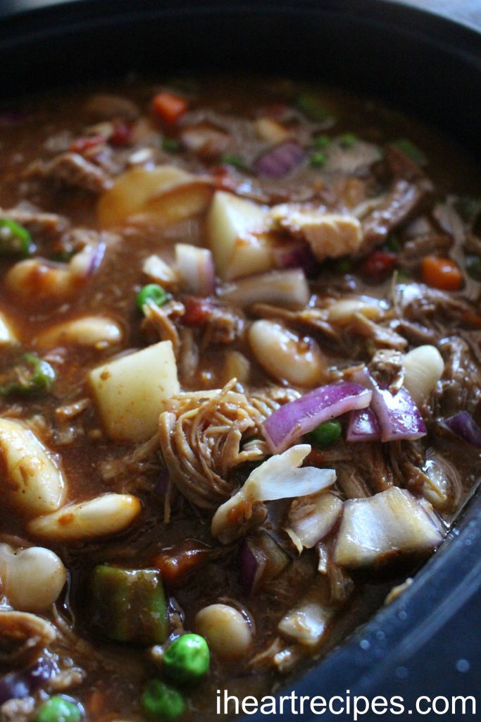 Hearty and delicious Brunswick stew simmering in the slow cooker.