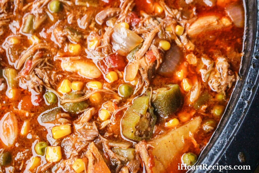 Traditional Brunswick Stew simmering in a slow cooker. It