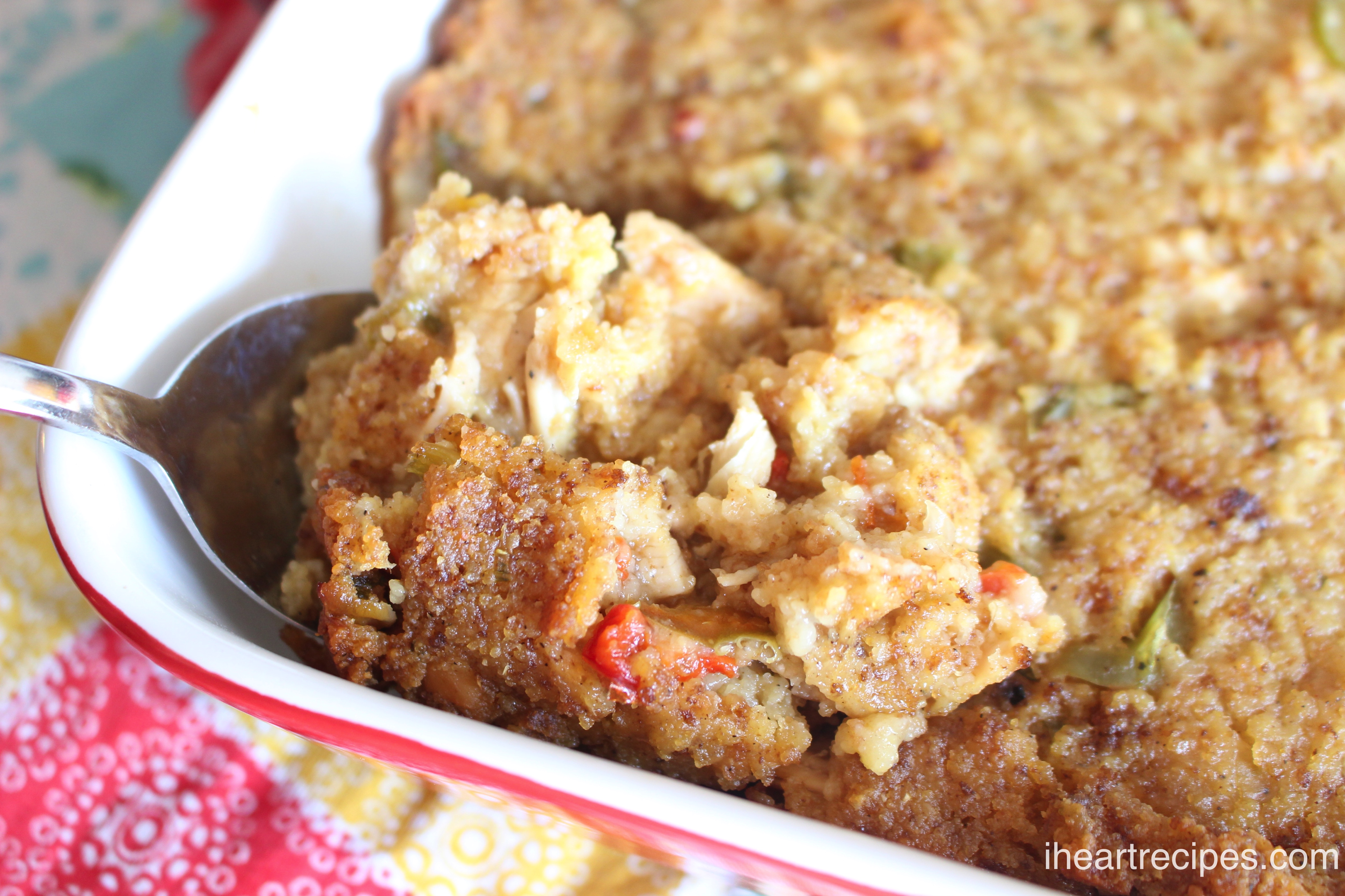 A spoonful of savory Southern Cornbread Dressing on it's way to an eagerly-awaiting guest's plate! This is a delicious accompaniment to any holiday meal.