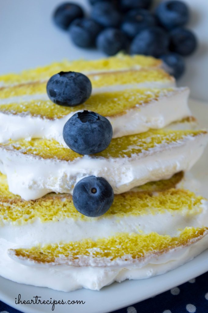 A closeup image of fresh blueberries atop slices of layered lemon ice cream cake.