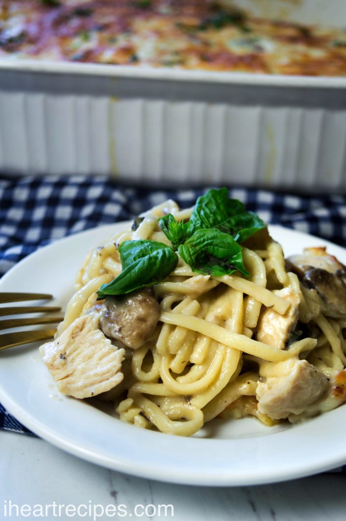 The perfect plating of creamy chicken tetrazzini garnished with fragrant basil leaves. Wow your guests by serving this beautiful and delicious dish!