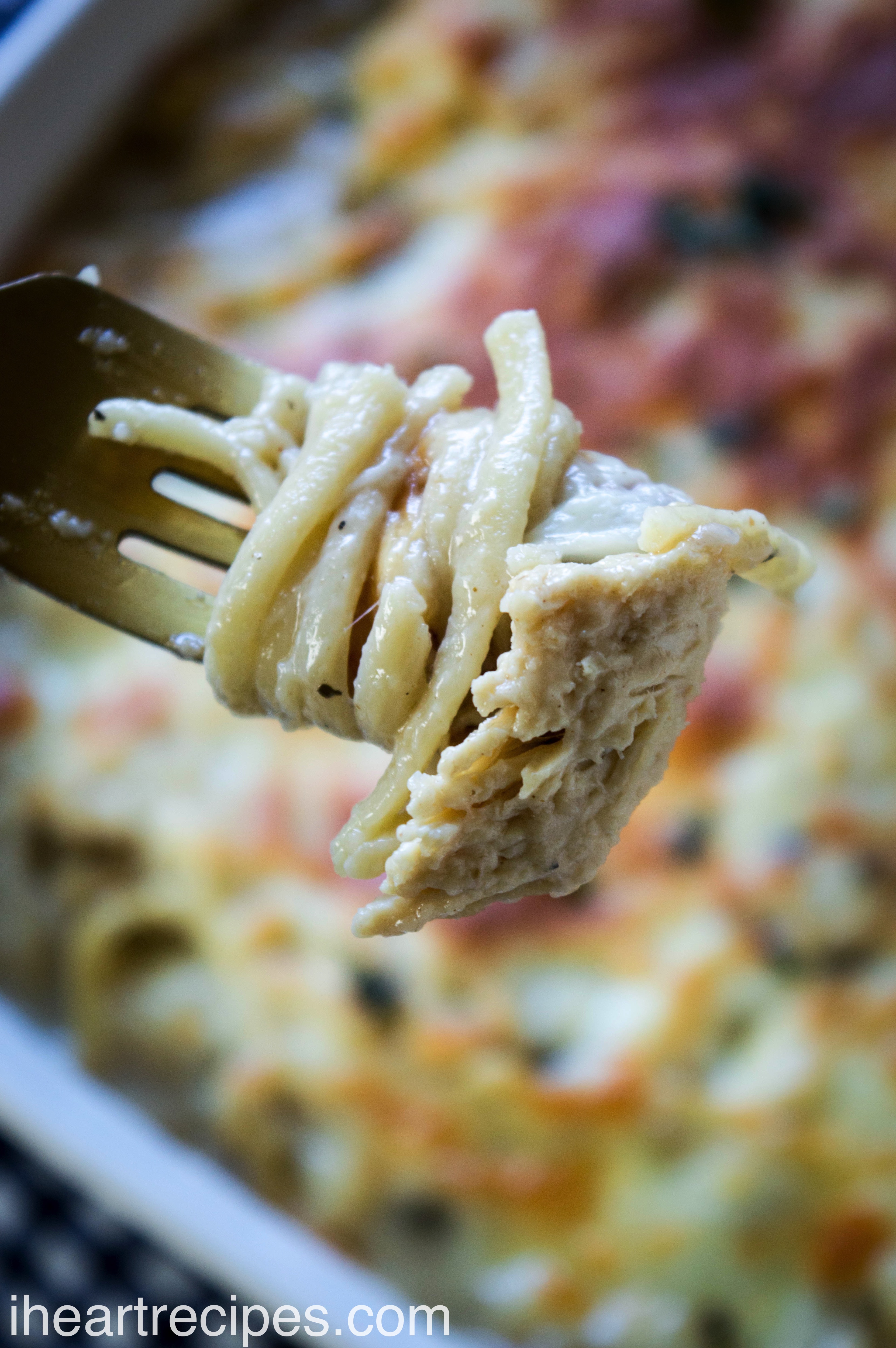Creamy Chicken Tetrazzini is delicately wrapped around a fork, the perfect savory, tender bite!