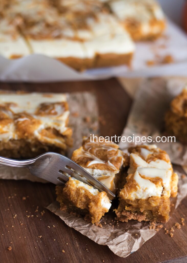 Dig into this sweet pumpkin cheesecake bar. They are so soft and creamy!