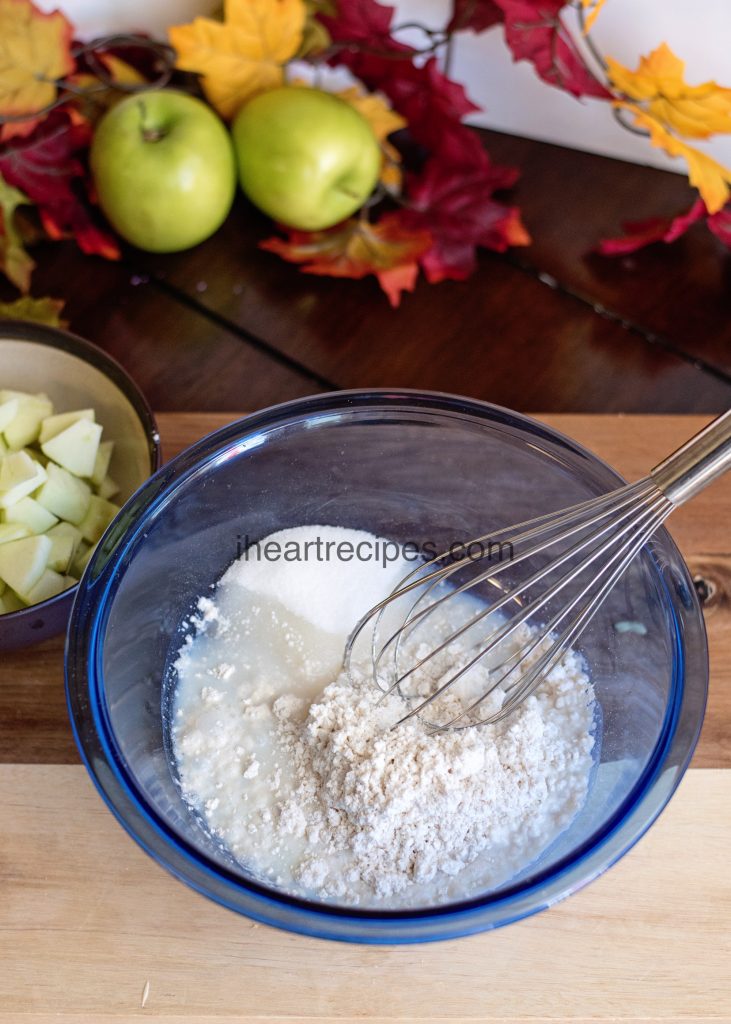 to make this easy apple cobbler, mix all the ingredients called for on the box of Bisquick