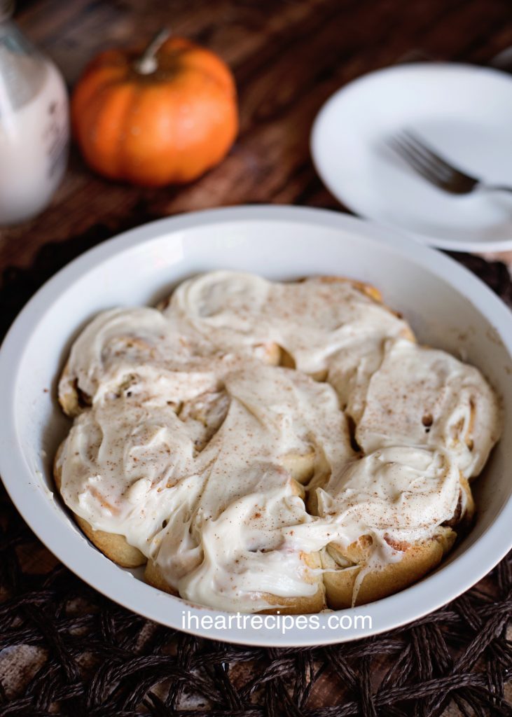 Soft and gooey pumpkin cinnamon rolls slathered with a cinnamon cream cheese frosting