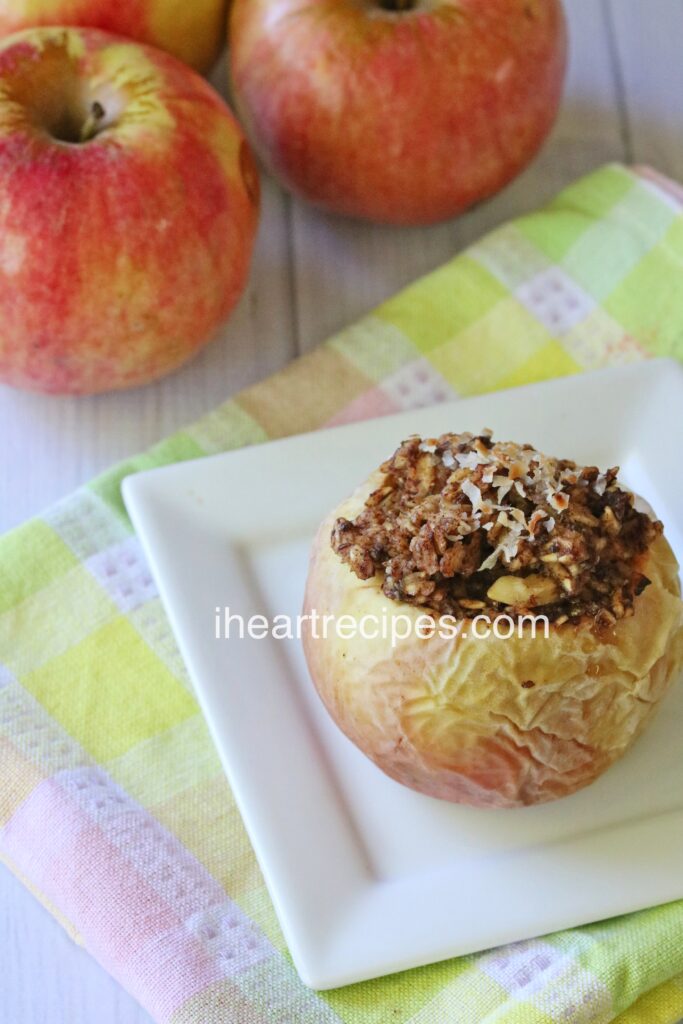 These sweet baked apples are a perfect fall dessert, stuffed with sweet and flavorful cinnamon oatmeal