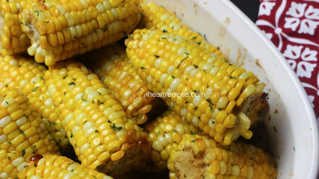 These piping hot oven baked corn on the cob can be served right out of the baking dish!