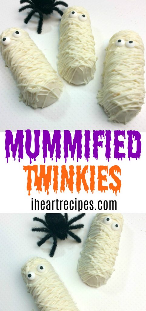 Two images showing white Mummified Twinkies alongside a fuzzy black spider with image text overlay that reads Mummified Twinkies.