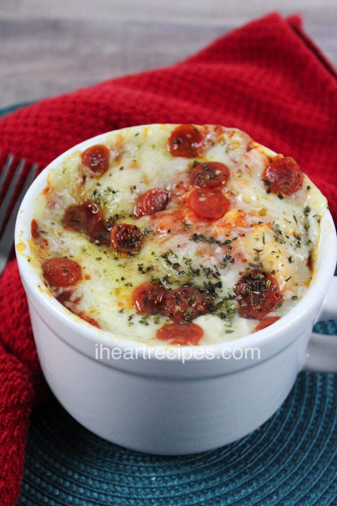 This pepperoni pizza in a mug is a great after school snack for kids on busy days