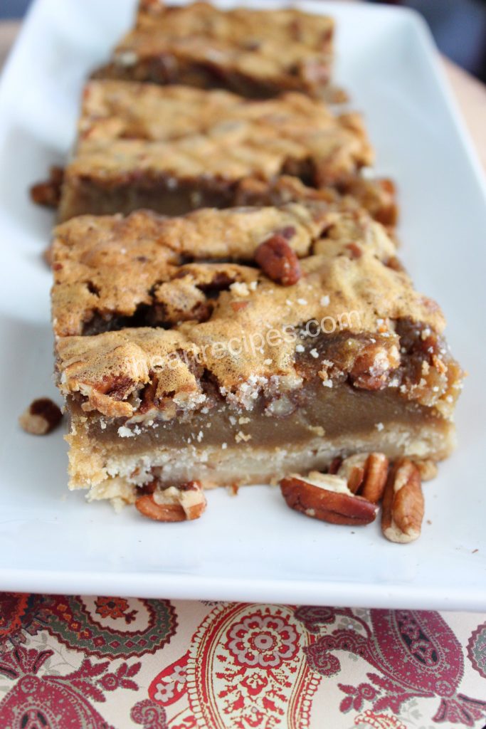 The soft caramel toffee pecan filling in these pecan pie bars is sweet with a slight bite of salt