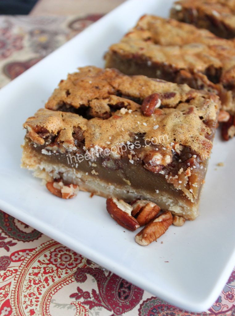 These pecan bars are pecan pie on the go, a perfect holiday treat