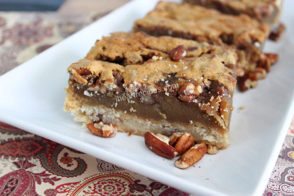 Sweet pecan filing and a crunchy top crust make these pecan bars a small slice of pecan heaven