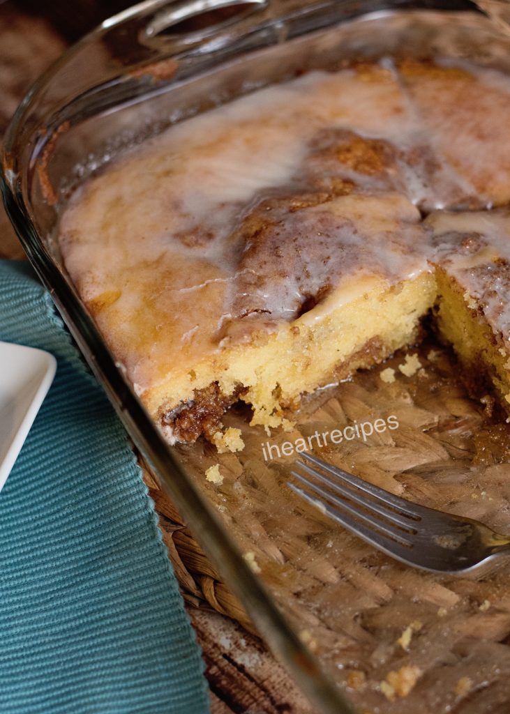 Moist yellow cake with a sweet cinnamon sugar swirl and vanilla glaze
