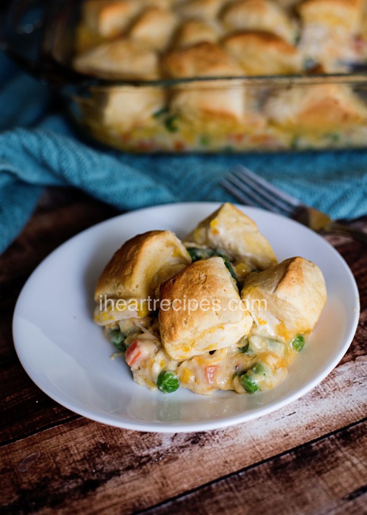 Replace the classic crust of chicken pot pie with flaky canned biscuits for a tasty new experience